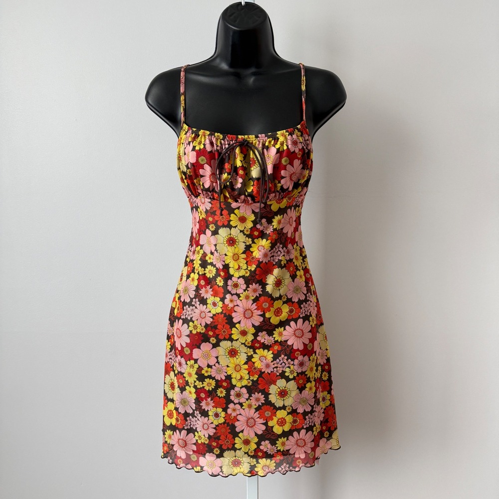SHEIN sz M Floral Print Mesh Cami‎ Dress Lettuce Hem  Mini Dress 90s style Y2K